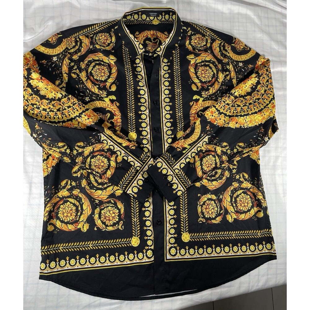 COOFANDY Men's Luxury Baroque Button Down Shirt - Gold/Black - Size XL